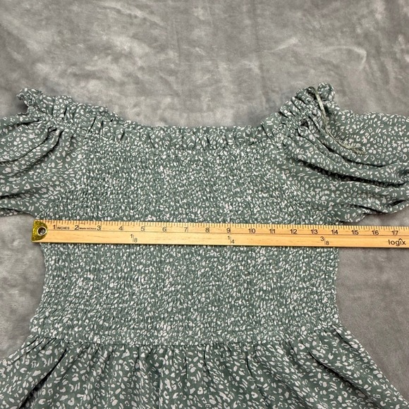 Bluiivy Smocked Peplum Top Green White Floral Print Puff Sleeve Off Shoulder M - Picture 7 of 8
